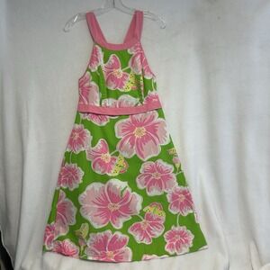 Lilly Pulitzer Sz. 8 Green Pink White Floral Round Neck Halter Back Strap Dress